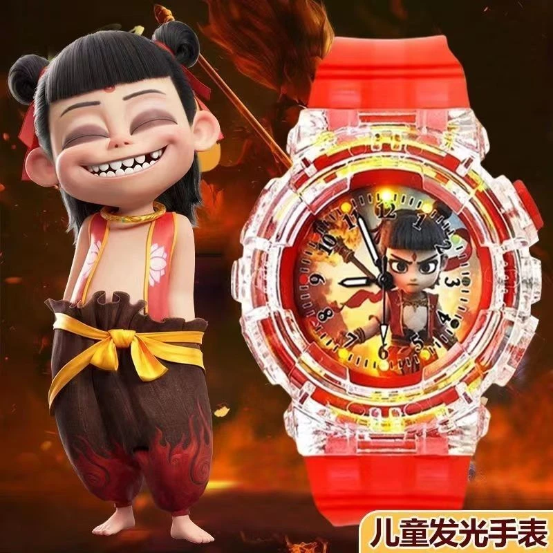 新款七彩闪灯魔童哪吒儿闹海敖丙儿童卡通手表男孩小学生夜光手表