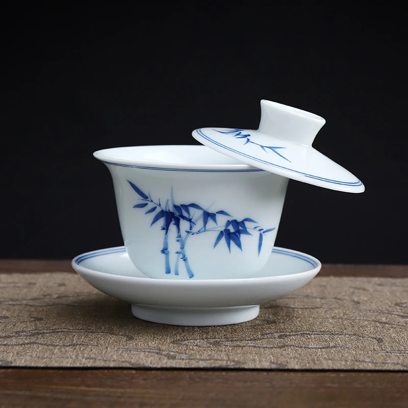 景德甜白泥料手绘锦竹旋转悬停三才盖碗160ml釉下彩绘HG0007