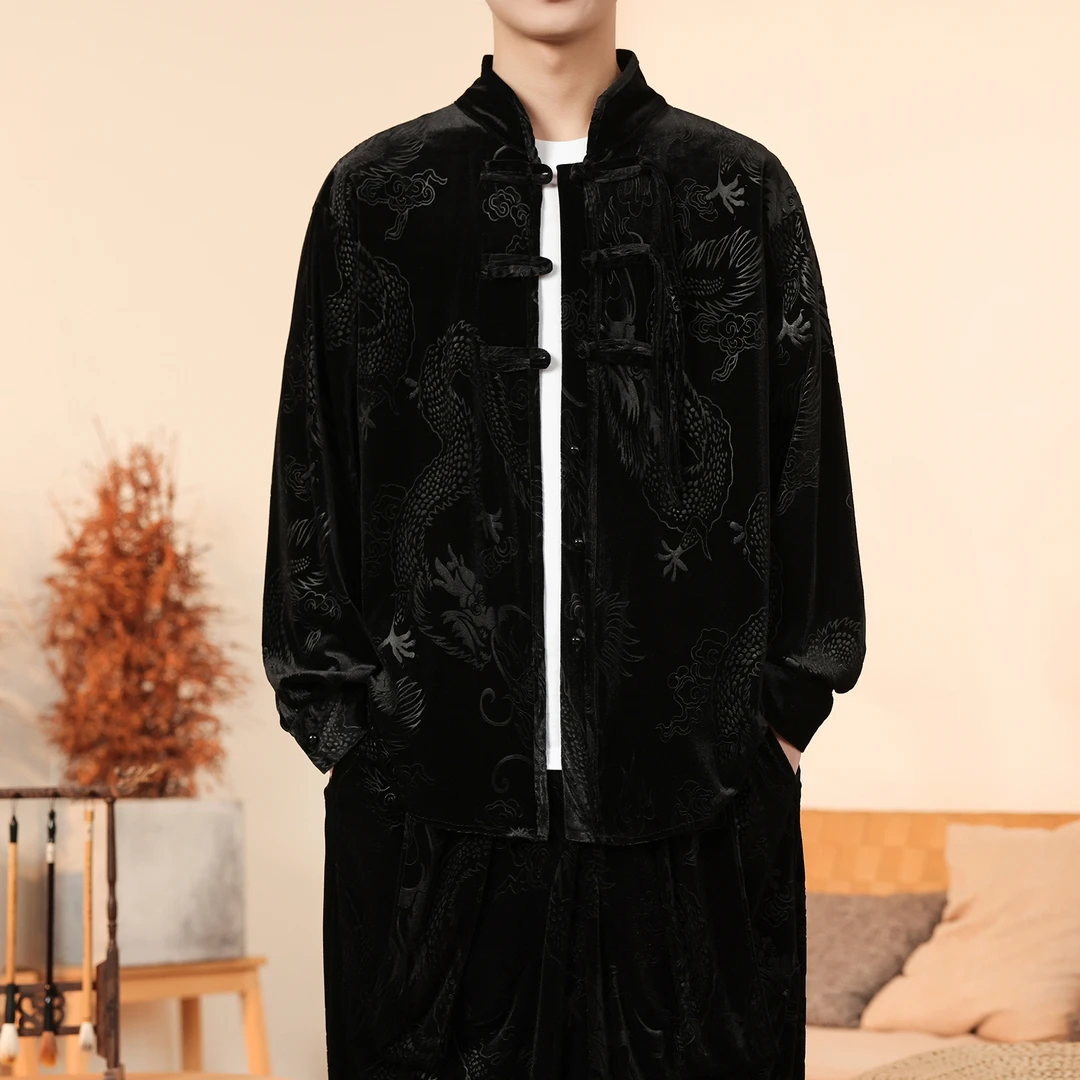 唐装马褂男秋冬金丝绒高级感立领中山装秋冬季中国风龙纹提花汉服