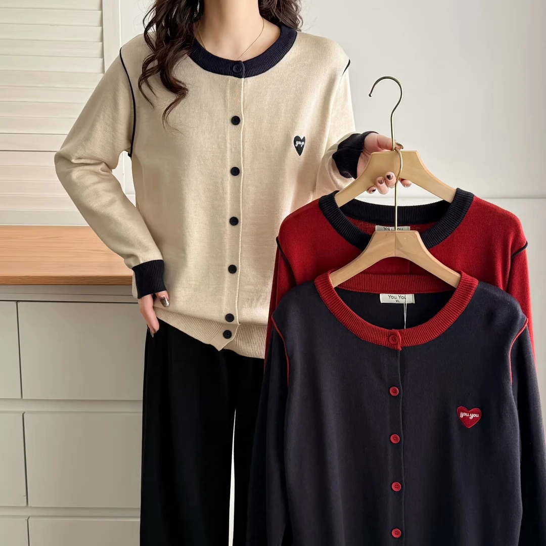 大码女装春季新款休闲时尚拼接宽松百搭针织开衫5002