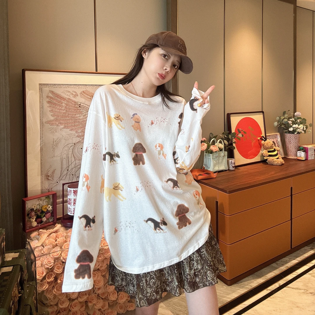 2025夏季新款韩版设计感长袖T恤女宽松百搭小狗印花防晒衫上衣