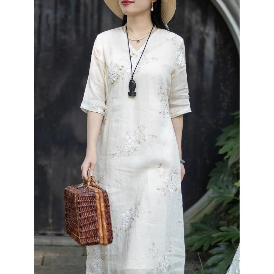 哥弟阿玛施正品新中式国风重工刺绣苎嘛旗袍连衣裙女夏季高端气质