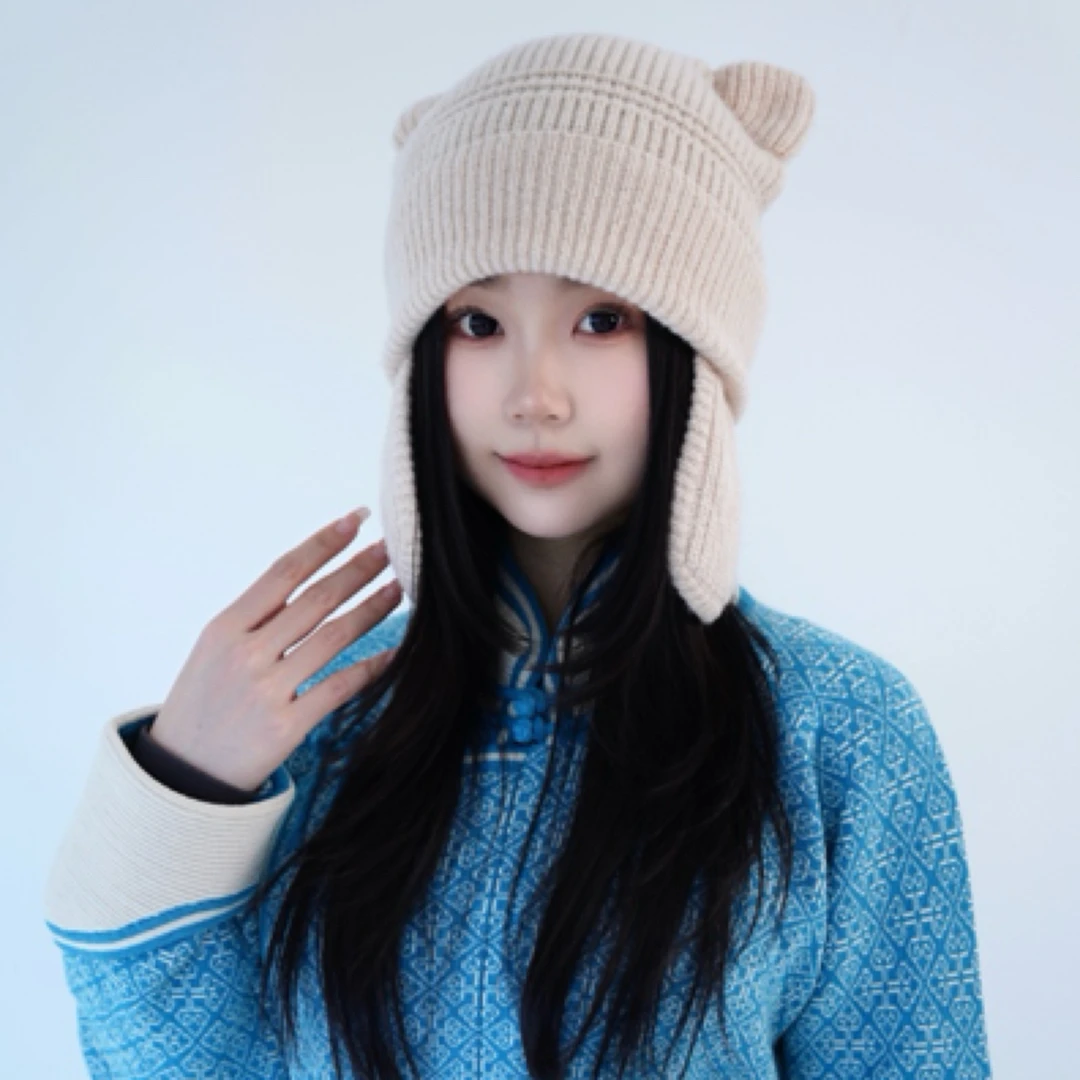 100绵羊羔毛针织猫耳朵护耳帽亲肤柔软防寒