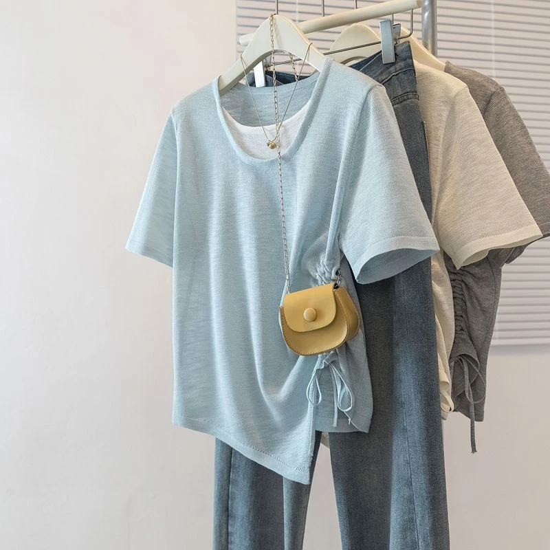 大码设计感抽绳假两件短袖t恤女夏季2025新款宽松显瘦时尚上衣女