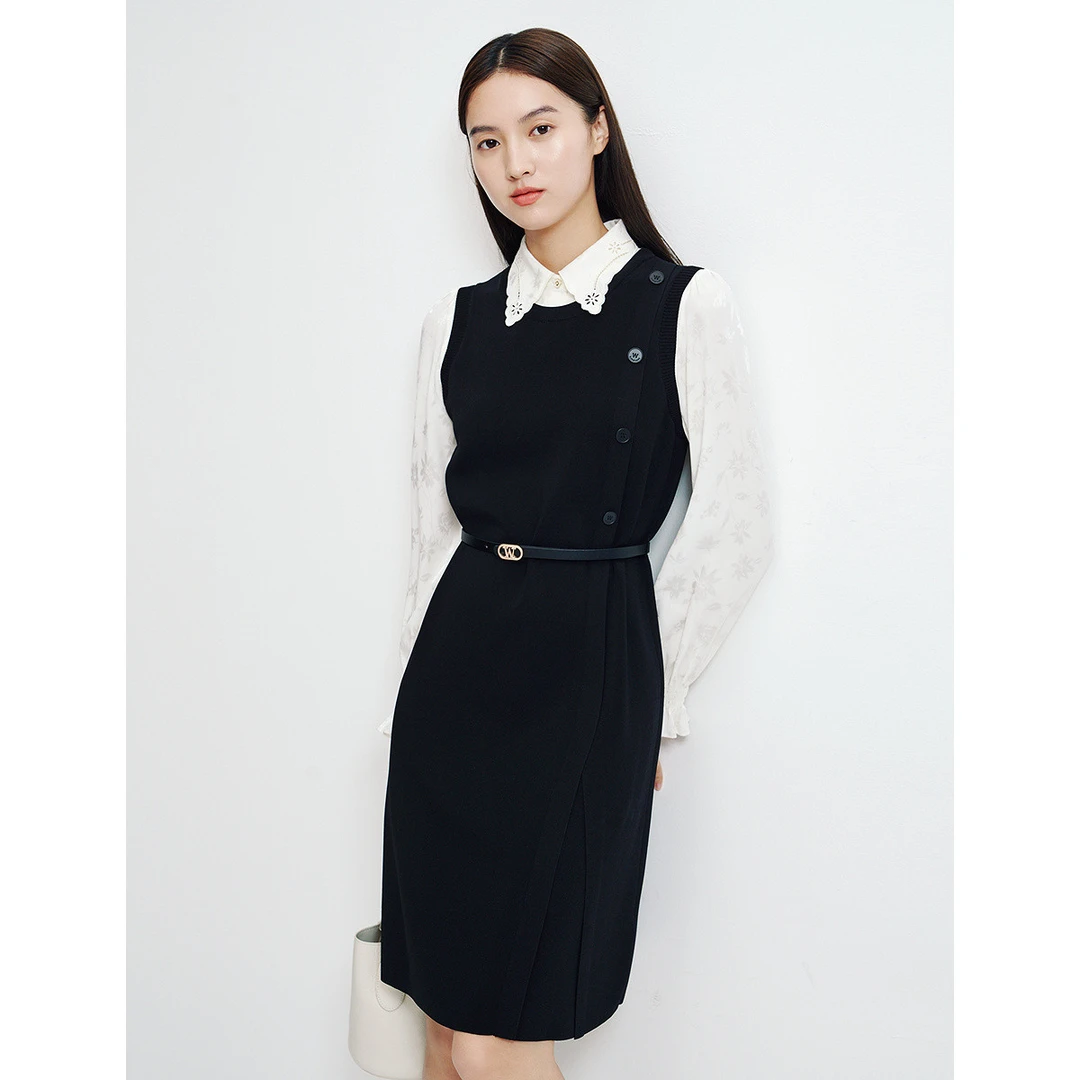 【众心专享价】拼接假两件赫本风小黑裙春夏温柔连衣裙女EF03180