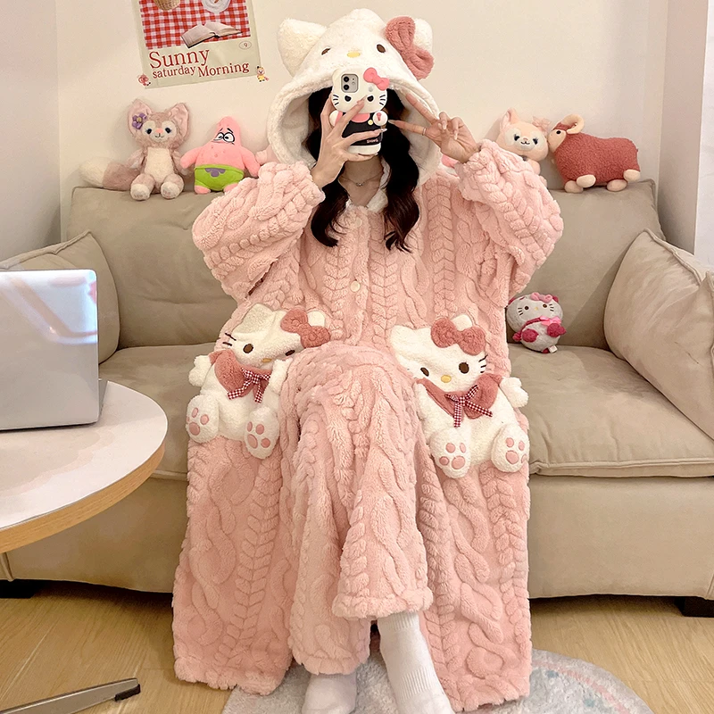 新款女款加绒加厚可爱卡通秋冬季保暖睡袍可外穿珊瑚绒家居服套装