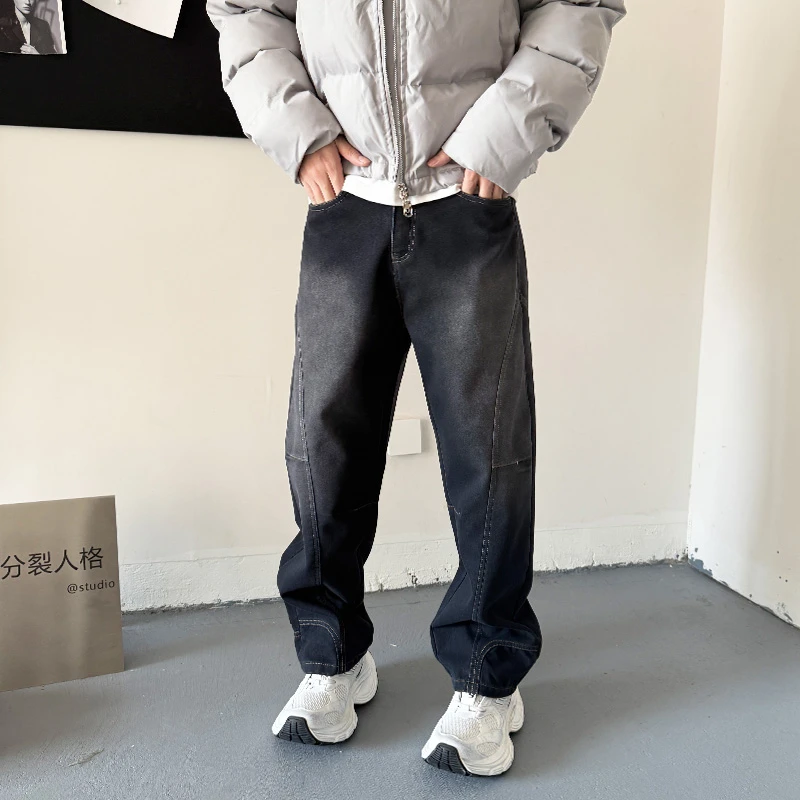 美式复古2025春秋新款牛仔裤宽松阔腿弯刀裤解构工装牛仔裤男潮
