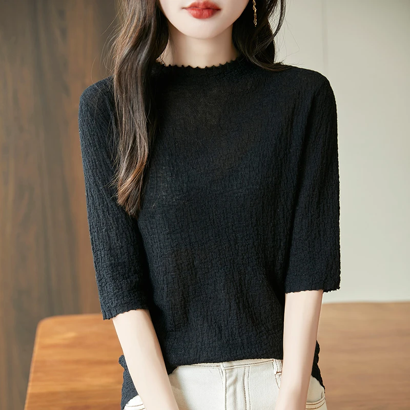 春秋精纺薄款肌理纹圆领气质针织衫超级轻盈亲肤