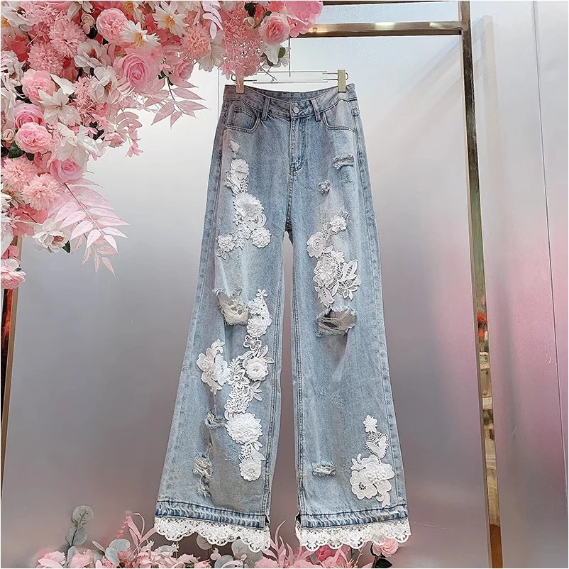 X21497欧美设计师2025早春新款镂空刺绣钩花边做破休闲直筒牛仔裤