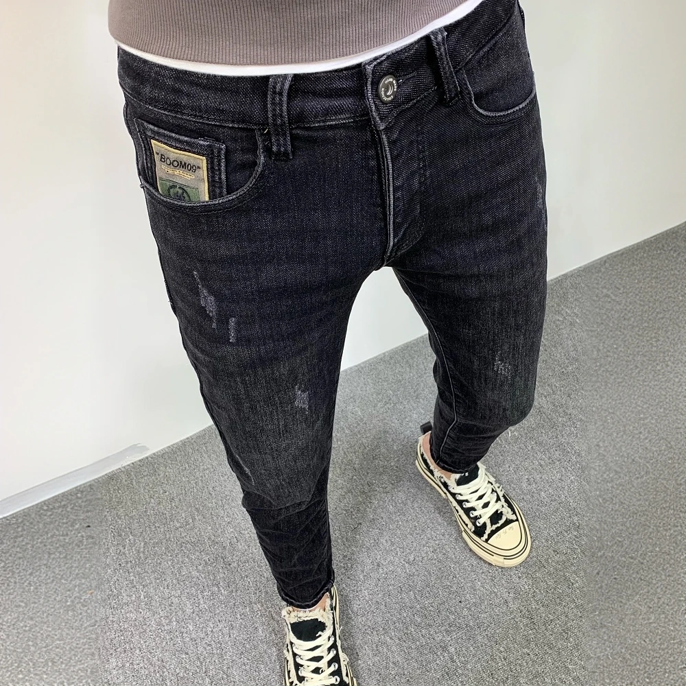 吉伦略索新款黑色九分牛仔裤男潮流修身韩版百搭弹力男士小脚长裤