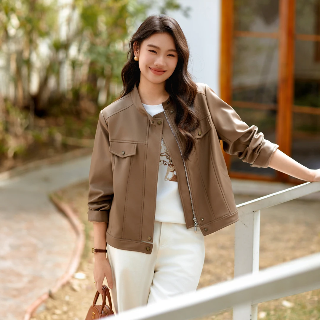 【个性酷飒风PU皮设计感百搭外套】纤莉秀大码女装m皮衣QK0208