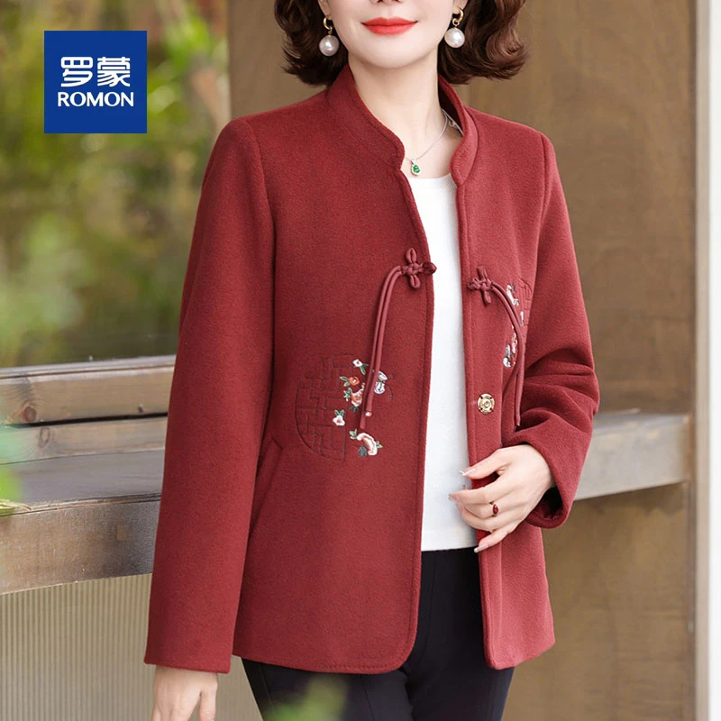 罗蒙新中式妈妈春秋装短款毛呢外套女新款时尚中老年人呢子上衣