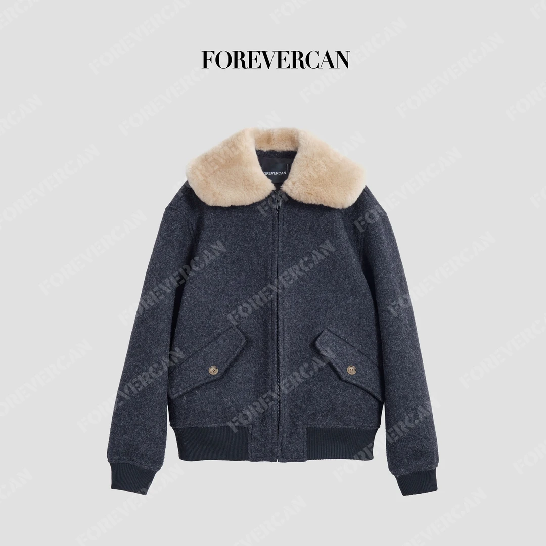FOREVERCAN“班霍夫”鹅绒服羊剪绒翻领羊毛呢飞行员夹克WC57561