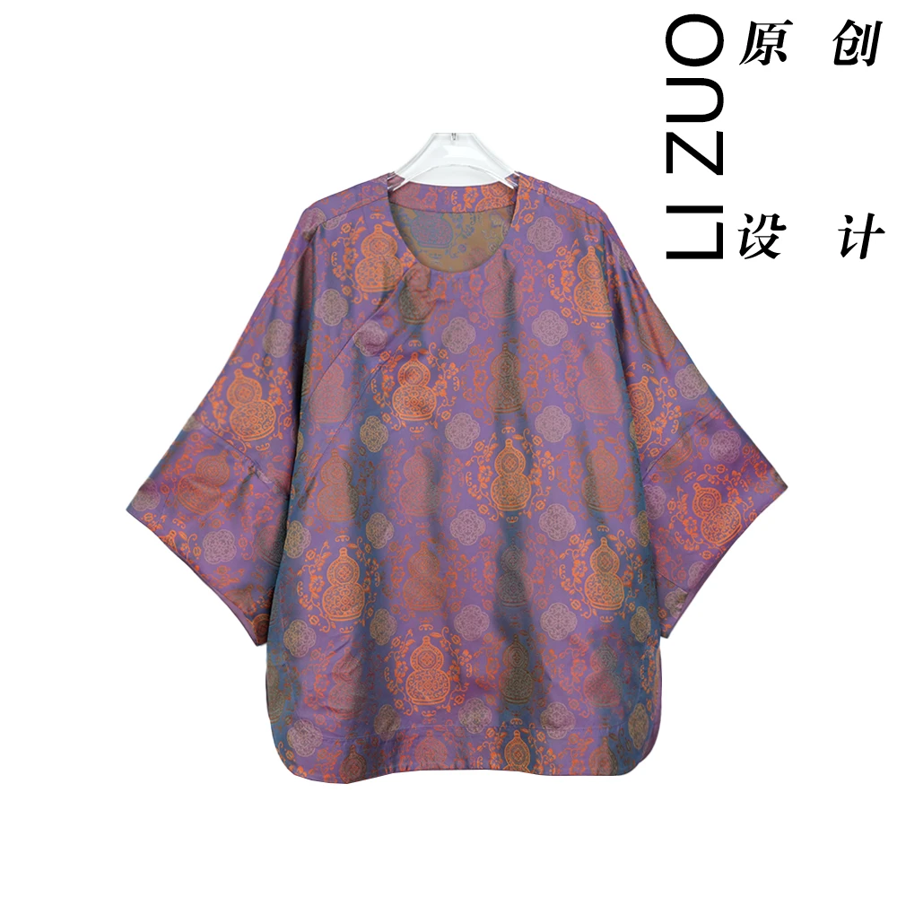 大码胖mm复古中国风重磅23姆米蜀锦萝时尚圆领斜襟7分袖上衣9595