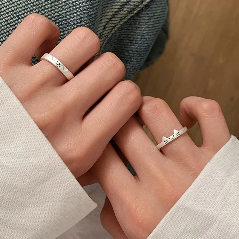 足银戒指 999足银猫狗日记情侣戒指女哑光工艺时尚简约个性开口指