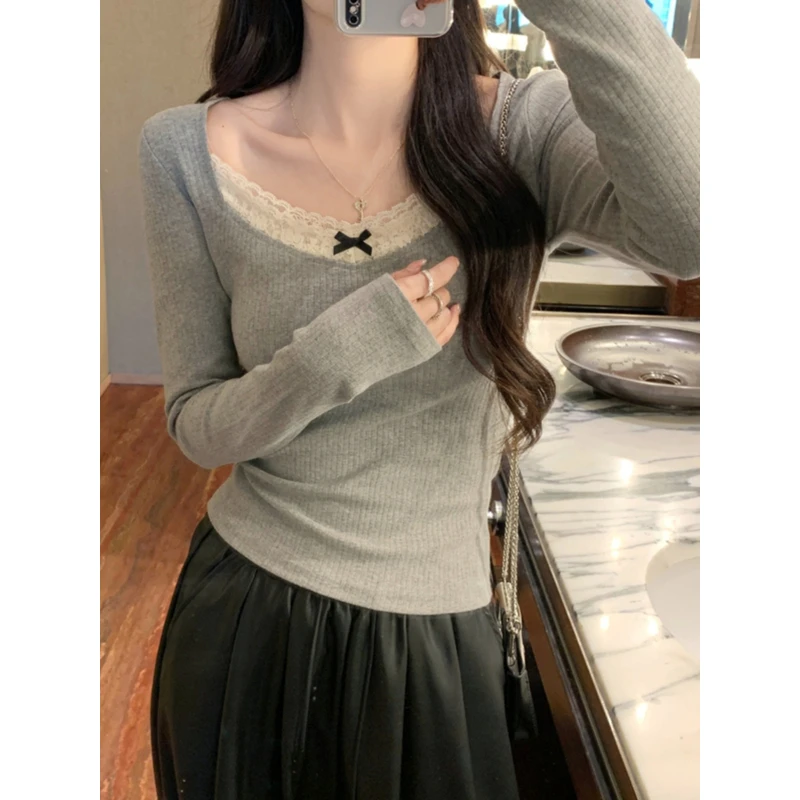 广州十三行女装2025早秋新款蕾丝边拼接长袖方领t恤内搭打底上衣