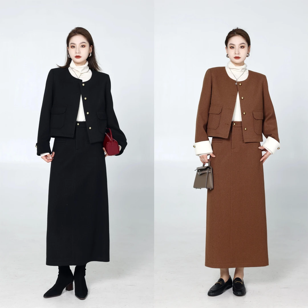 QC李潇洒【咖韵雅致】微胖大码女冬季时尚小香风毛呢套装ZY408H45/6