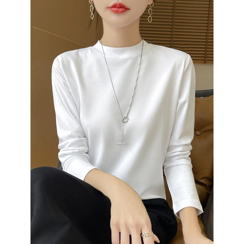 2025春秋季棉质长袖t恤女士半高圆领100棉底衬衫宽松大尺寸上衣