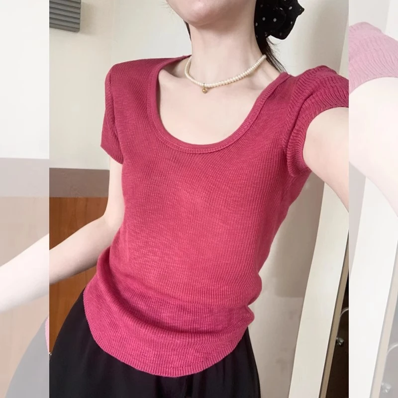 夏季薄款u领冰丝针织短袖T恤女正肩夏日ootd穿搭独特漂亮初夏上衣