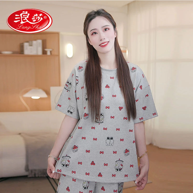 浪莎品牌浪莎三件套睡衣女款夏季新款甜美简约休闲家居服LS