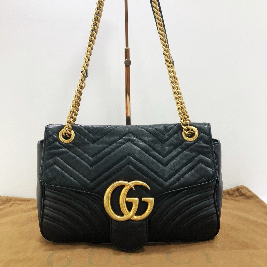 95新 GUCCI/古驰 古驰全皮黑金30马尔蒙链条单肩挎包包