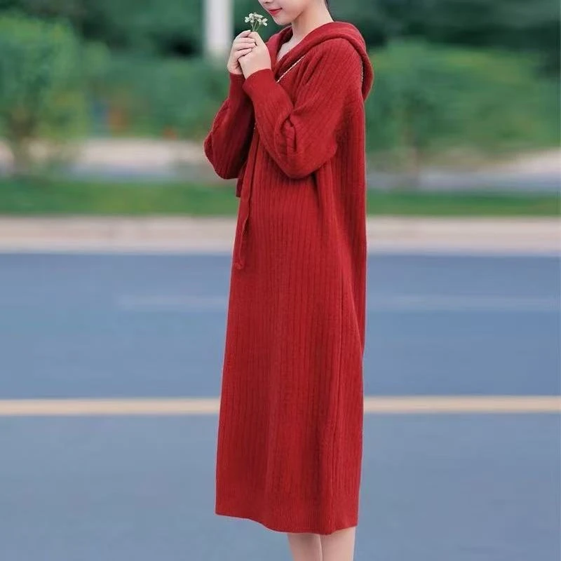 2024秋冬季女士新款中长款针织衫连帽连衣裙时尚休闲线衫CC-0001