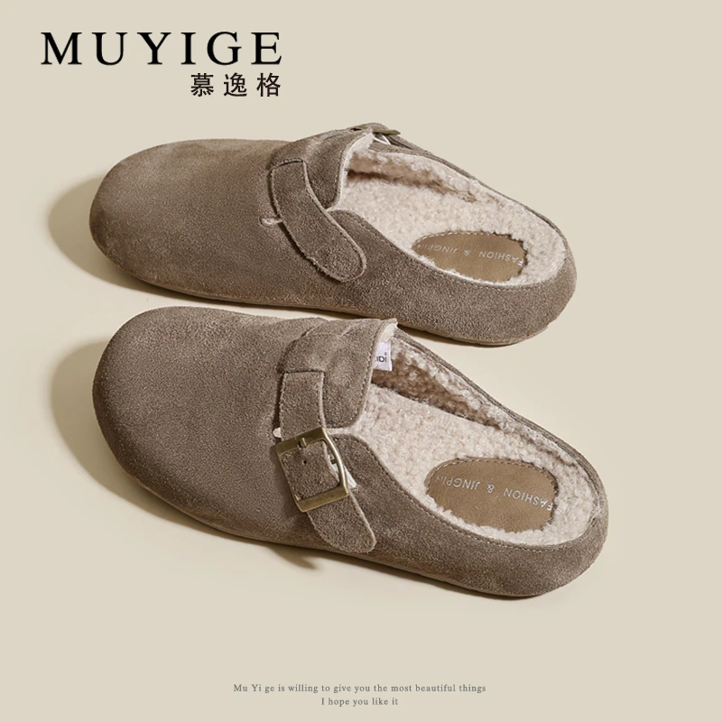 厚底加绒勃肯半拖鞋女外穿2025冬季新款保暖毛毛鞋一脚蹬包头棉拖