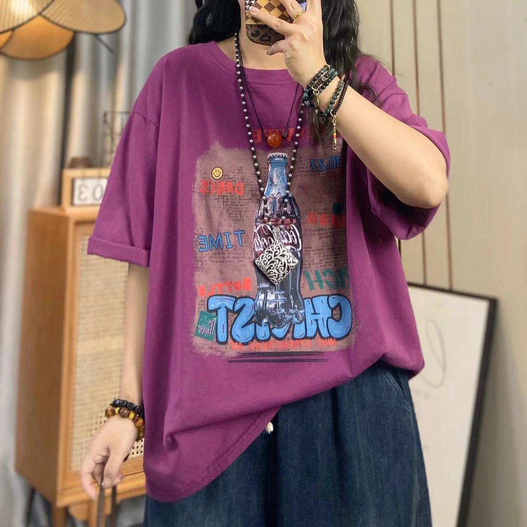 欣欣 夏季新款圆领短袖T恤衫女文艺休闲印花上衣