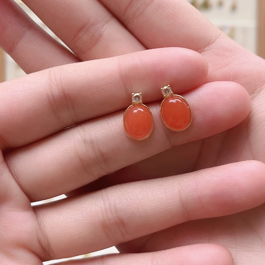 南红玛瑙银S925镶嵌耳饰