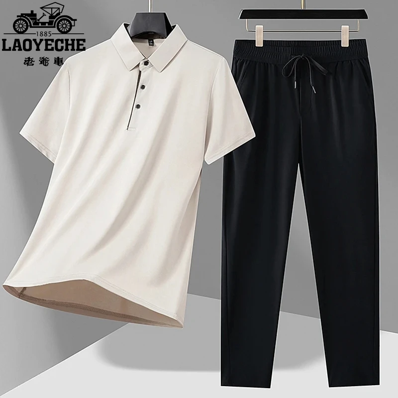 老爷车夏季男士冰丝短袖T恤套装商务休闲上衣冰丝长裤两件套2503