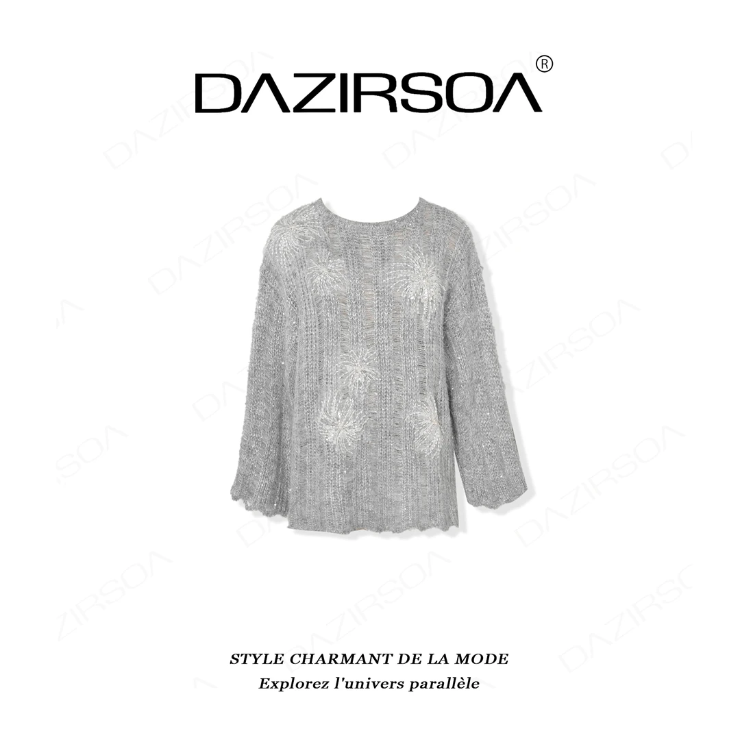 DAZIRSOA/达姿“秋日浪漫”时尚百搭法绣订钻花朵洋气毛衣 AB570