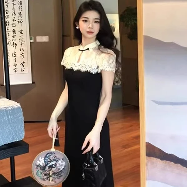 锦绣河山长裙夏季收腰显瘦高级感新中式国风蕾丝拼接针织连衣裙女