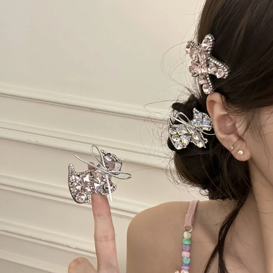韩国轻奢重工湖蓝色满钻蝴蝶结鸭嘴夹高级感百搭美少女刘海夹发饰