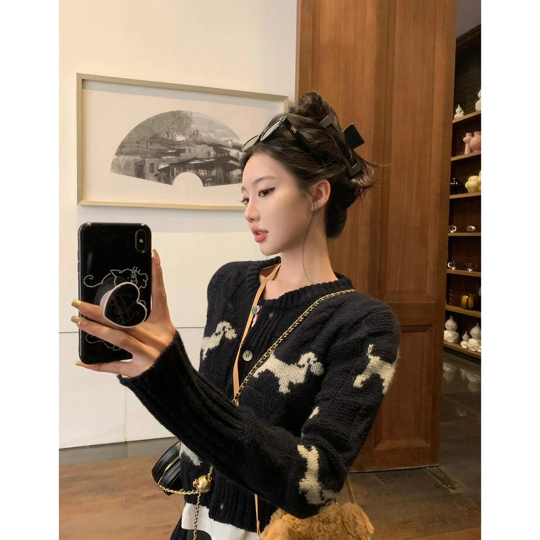 温柔气质减龄感单排扣圆领长袖针织开衫女秋新款撞色小狗提花外套