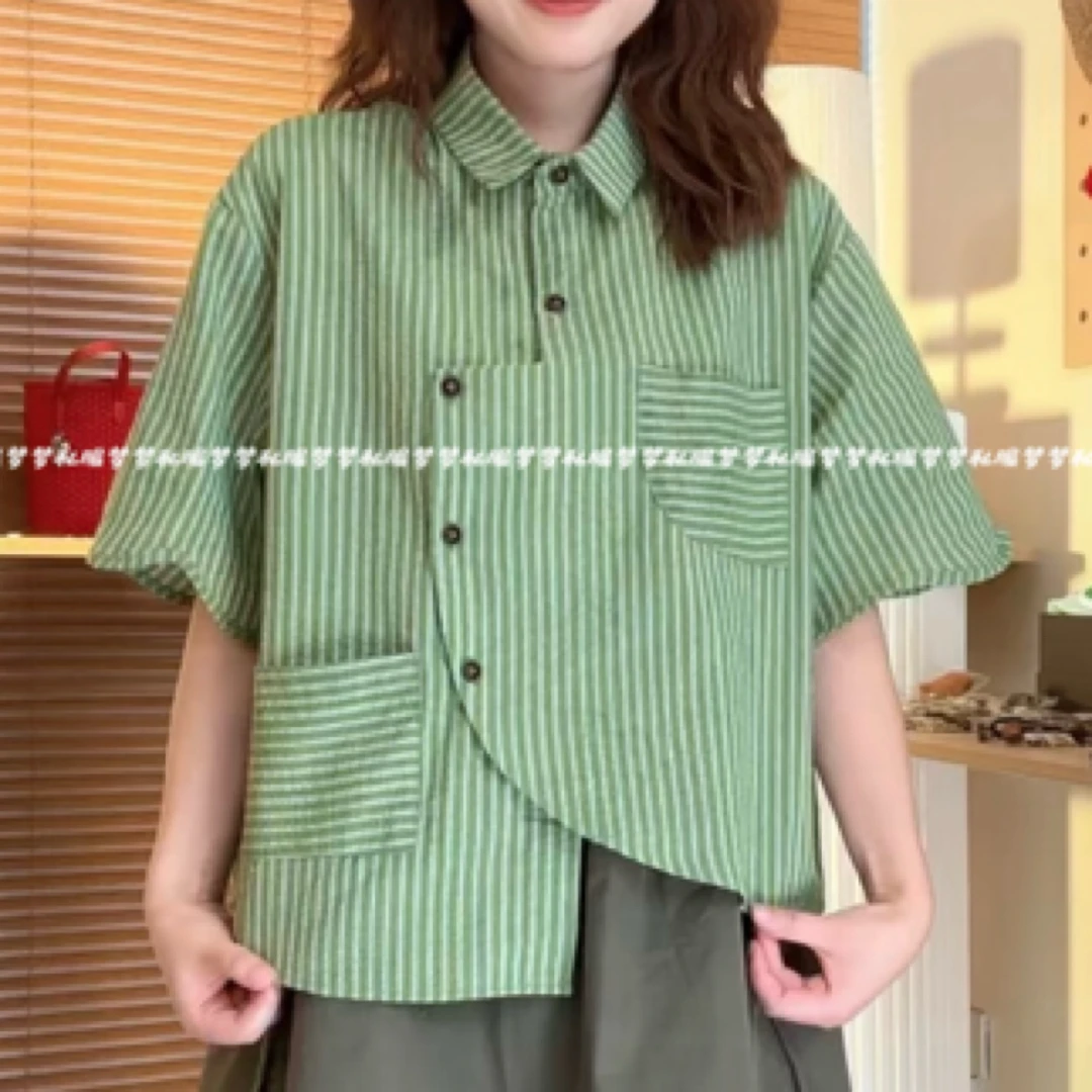 XZ “薄荷拿铁”夏季新品绿色条纹双口袋波浪袖口短袖衬衫