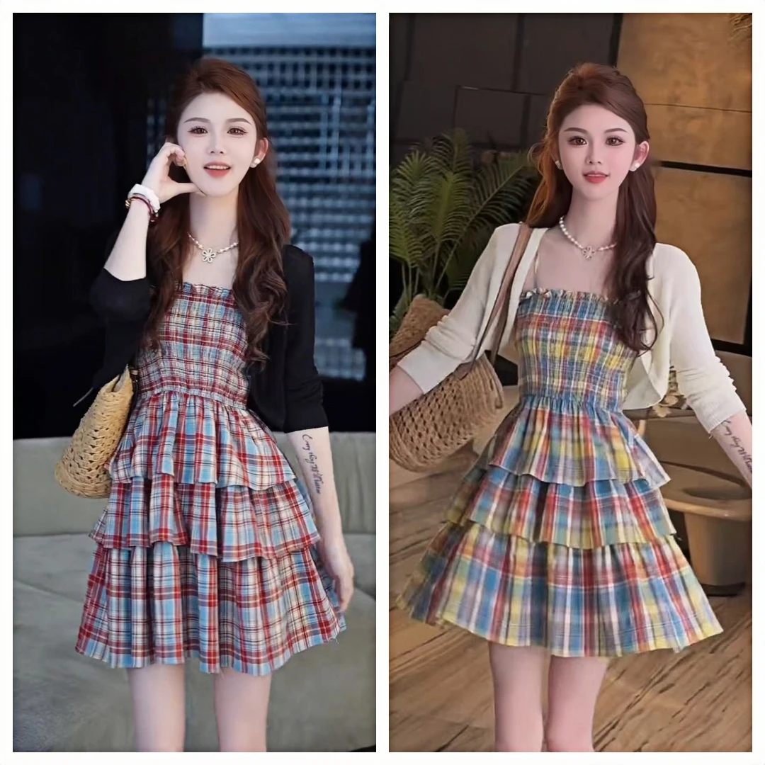 多巴胺少女甜美度假风收腰显瘦格纹吊带连衣裙+针织开衫
