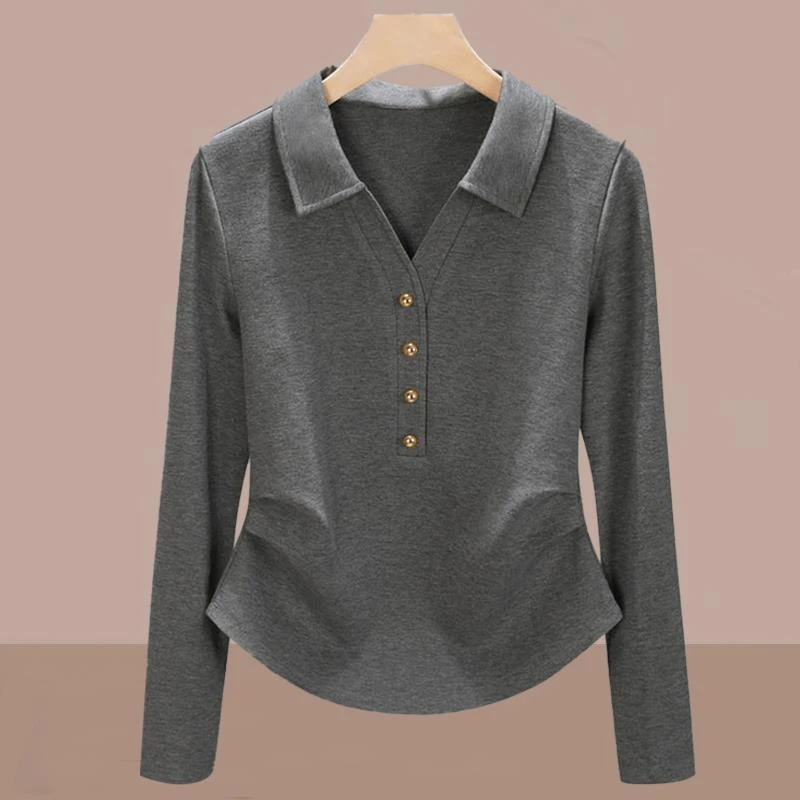 休闲polo领修身显瘦长袖T恤女士2025春秋季新款褶皱打底上衣小众