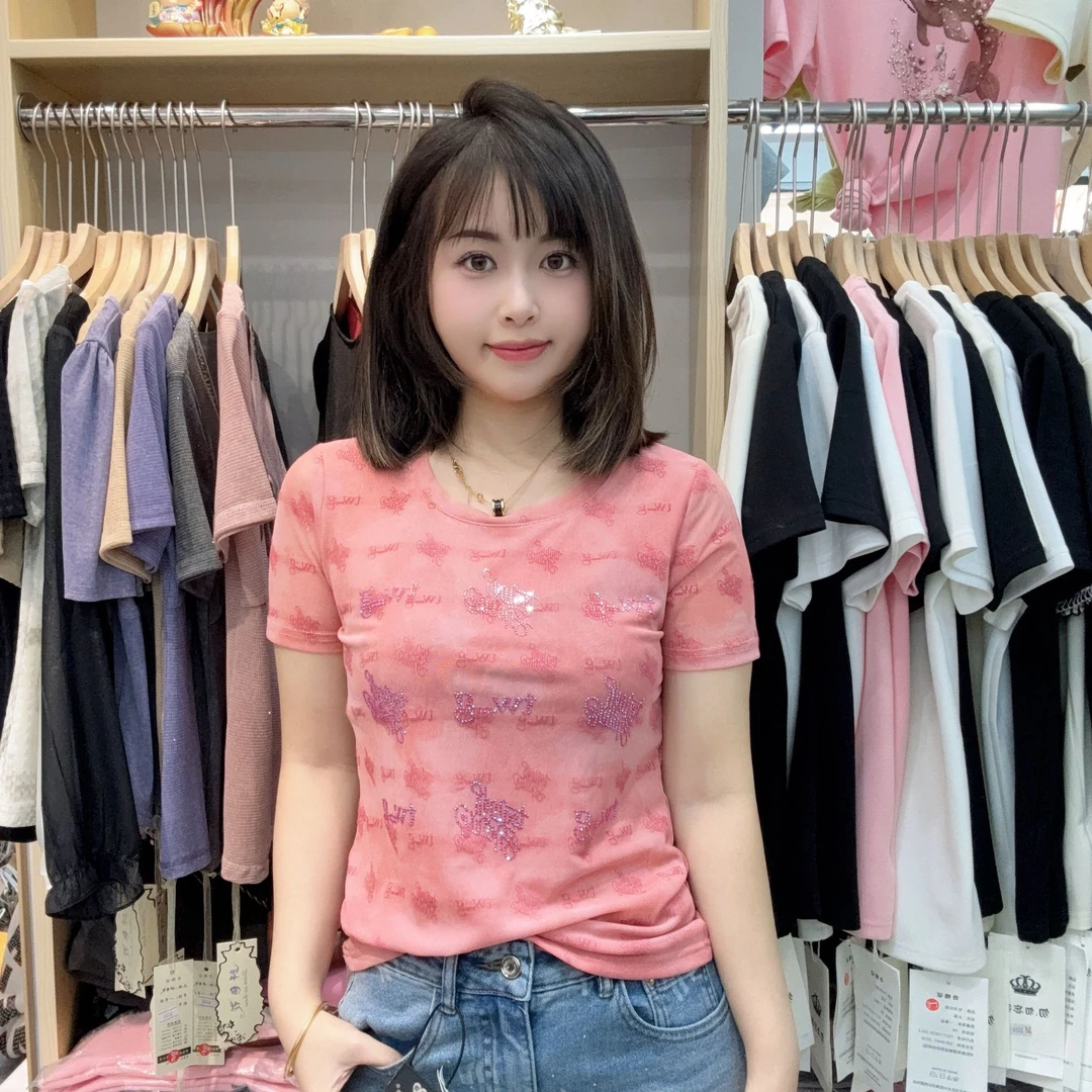 夏季修身速干碎花烫钻T恤女士休闲印花拼接洋气短袖欧美风圆领