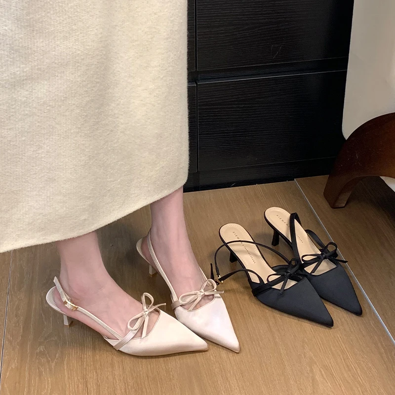 法式蝴蝶结细跟气质高跟鞋春夏新款缎面一字带时装凉鞋