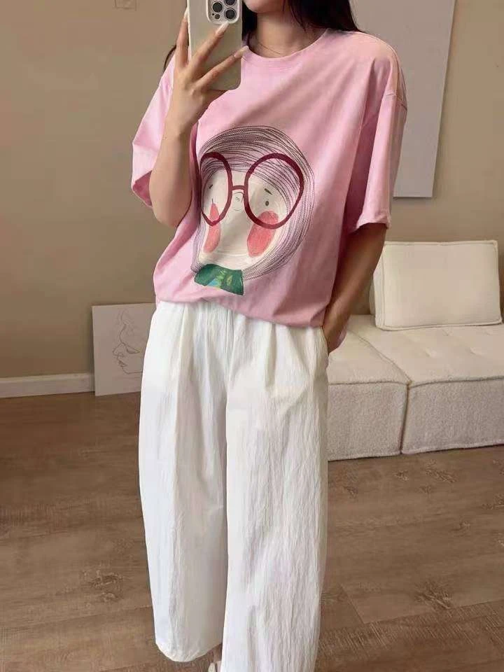 6068【蝶谷】2025春夏休闲时尚宽松印花粉色t恤女