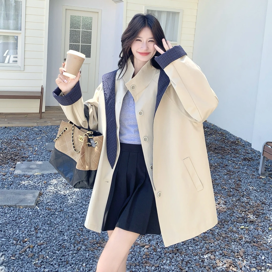 网红格子立领连帽中长款风衣女2025春秋新气质时尚小个子外套IMI.