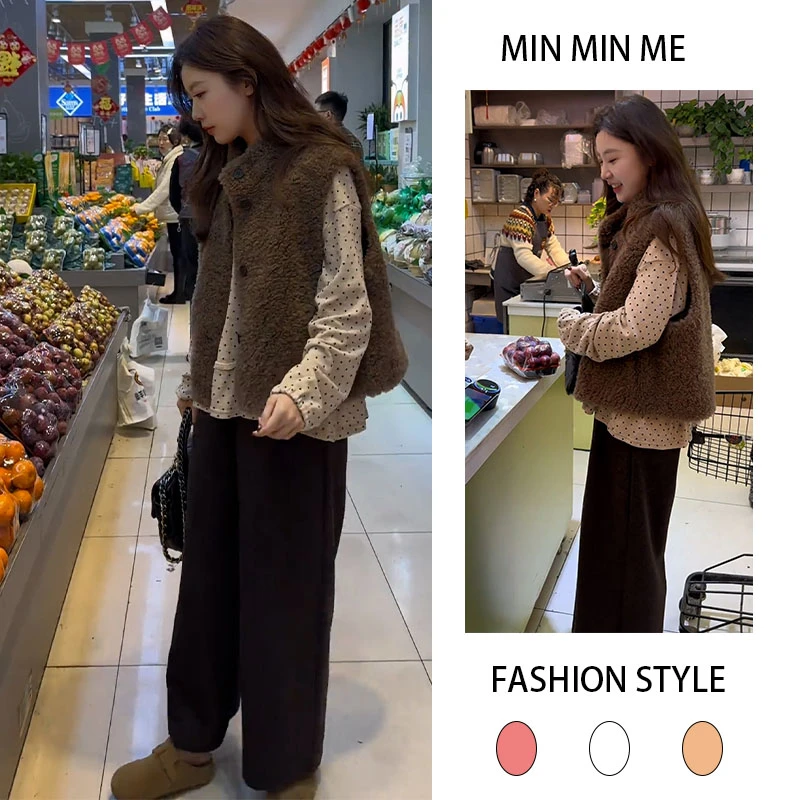 2025秋冬季新款设计感韩版通勤风无袖马甲内搭打底衫休闲裤三件套