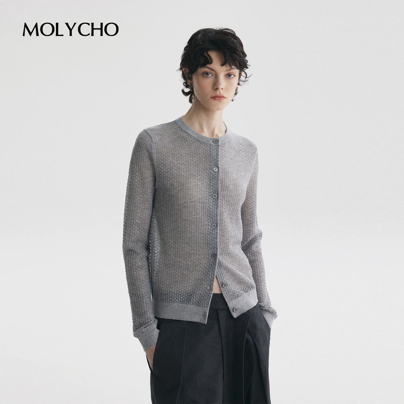 MOLYCHO｜早秋B入_灰色镂空设计百搭针织开衫女/修身上衣毛衣外套