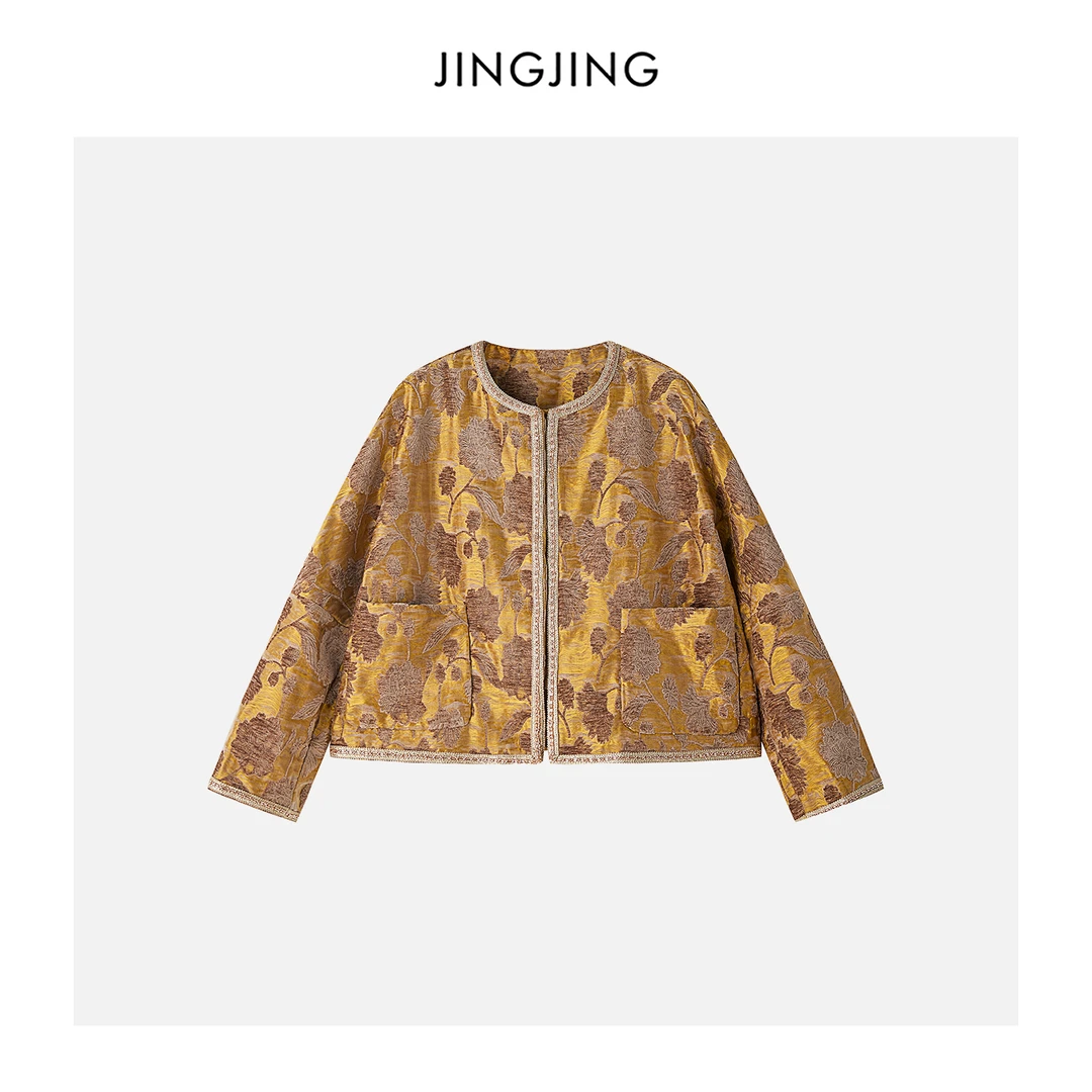 JINGJING2025新款“金棕花影”冬款轻国风刺绣提花浮雕肌理感外套