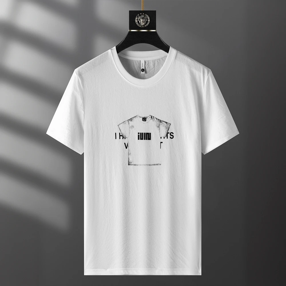 劳玛杜伽夏季薄款透气舒适百搭短袖t恤男士冰丝纯色印花圆领上衣