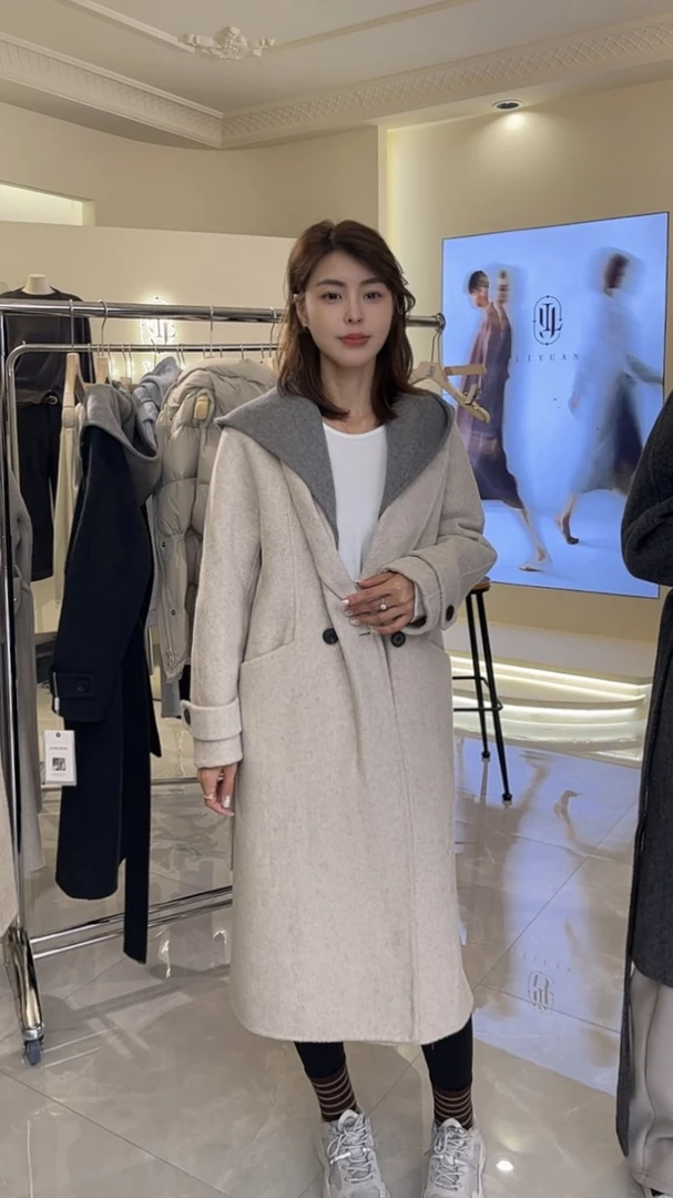 李园家1号店-2539-羊绒带腰带可拆卸帽收腰大衣