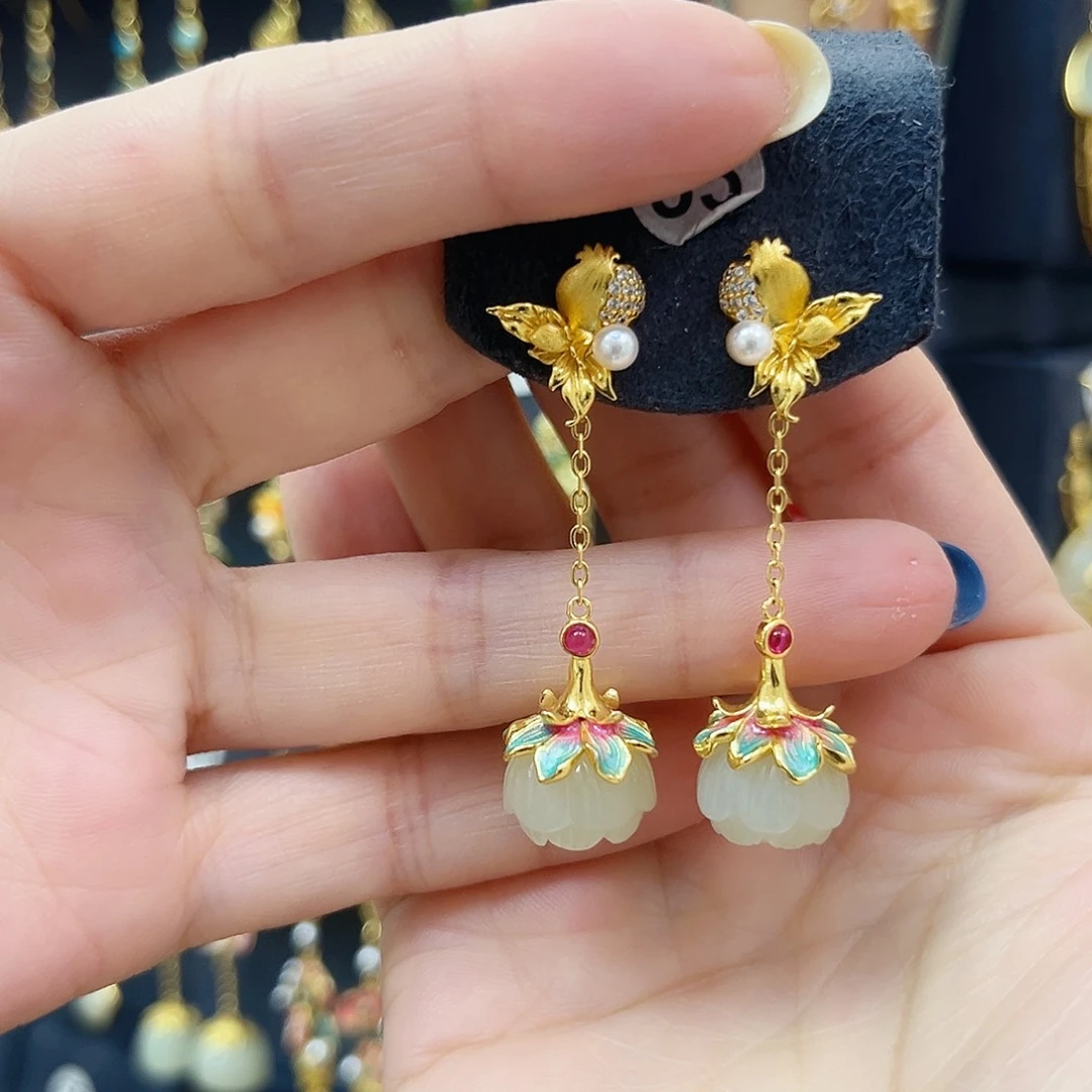 和田玉银S925镀金镶嵌耳饰