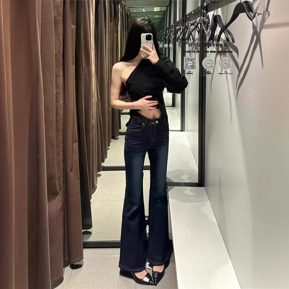 高个子加长深蓝色V腰辣妹低腰微喇牛仔裤女春夏修身弹力拖地裤子