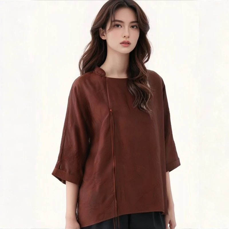 红云纱提花花罗桑蚕丝圆领短袖上衣宽松型时尚女士纯色LW 8255160