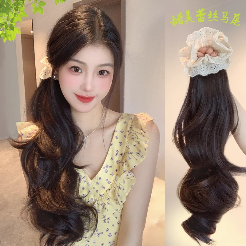 假发辫子韩系慵懒低扎抓夹层次卷侧马尾露丝同款蕾丝发圈仿真长辫